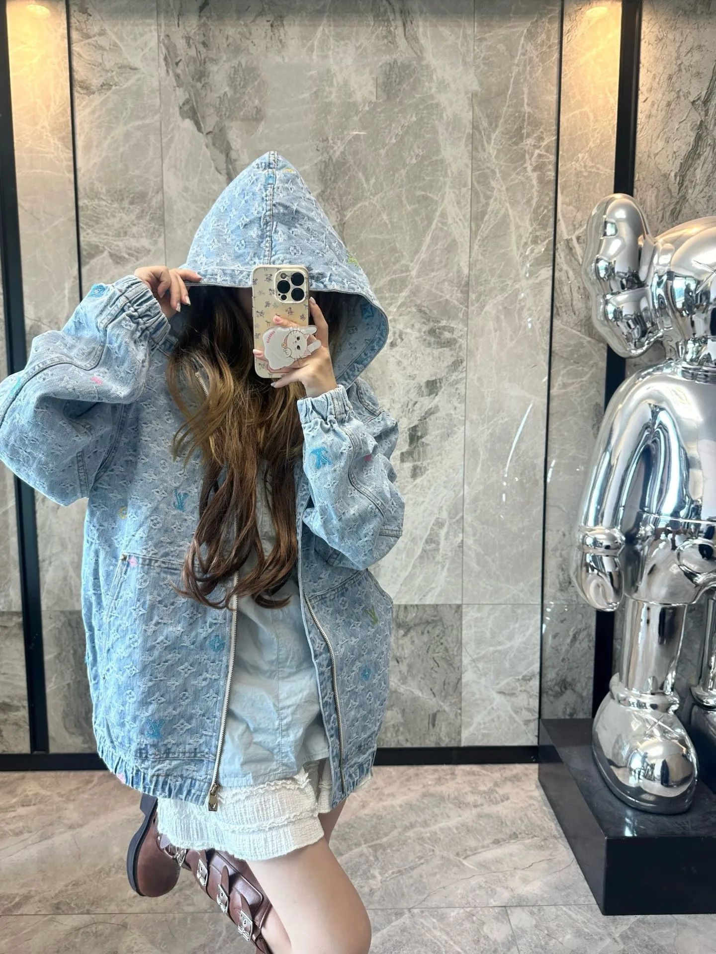 Louis Vuitton/Louis Vuitton 25Fw old flower jacquard embroidered zipper hooded denim jacket